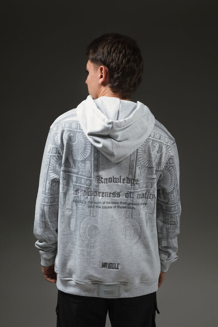 Hoodie gris con estampado gris tipo artistico, textos bordados en la espalda