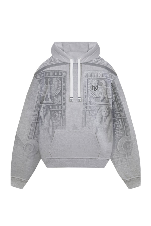 Hoodie gris con estampado gris tipo artistico y logo bordado en el pecho