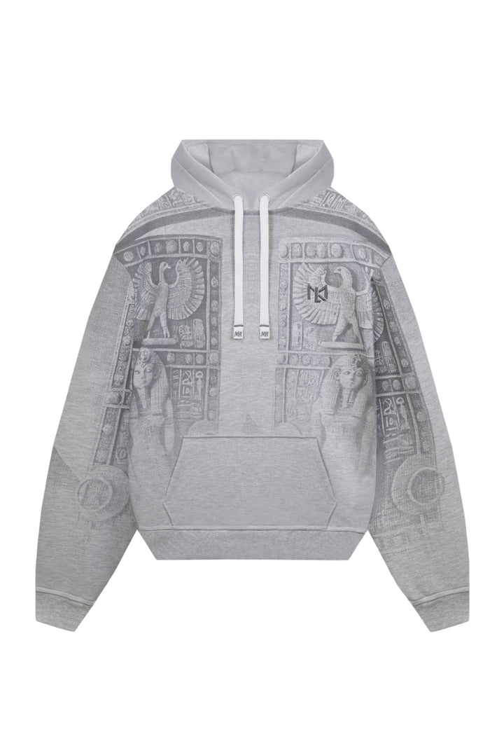 Hoodie gris con estampado gris tipo artistico y logo bordado en el pecho