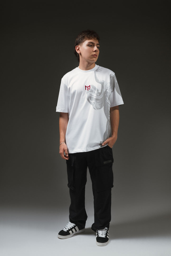 Camiseta Oversize Blanca con estampado de logo Rojo y diseño de figura de escultura