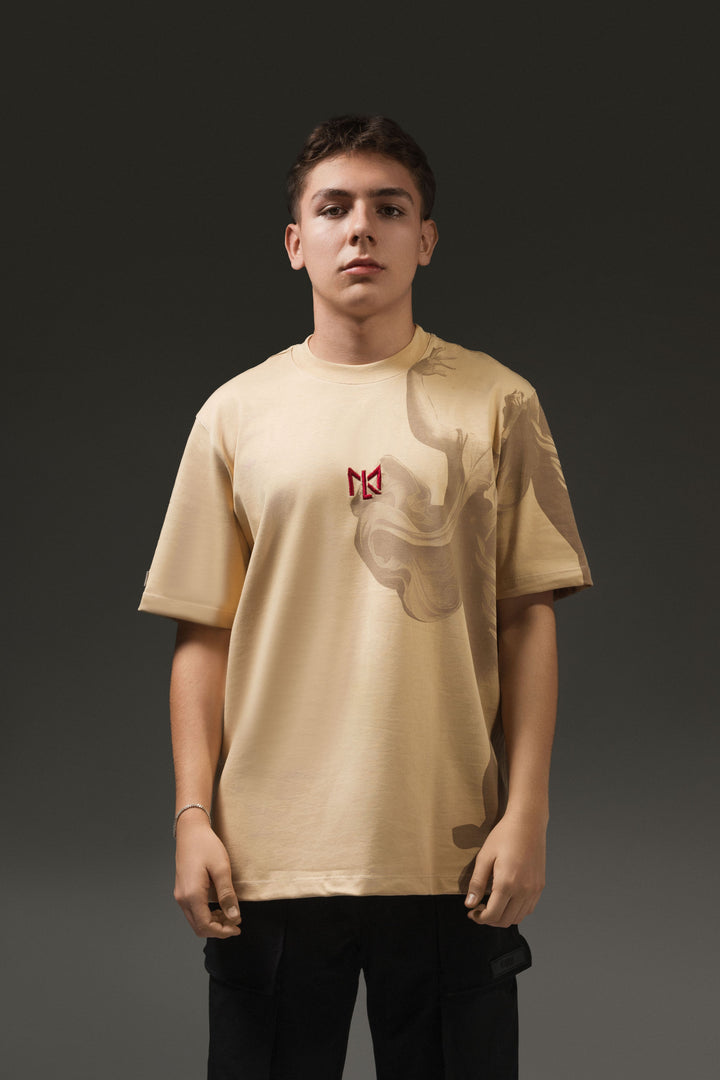 Camiseta Oversize Beige con Bordado de logo Rojo y estampado con diseño de figura de escultura