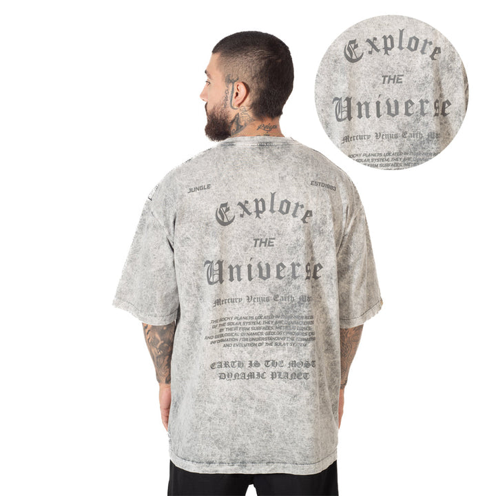 Camiserta Oversize Estampada con Efecto Acidwash Gris
